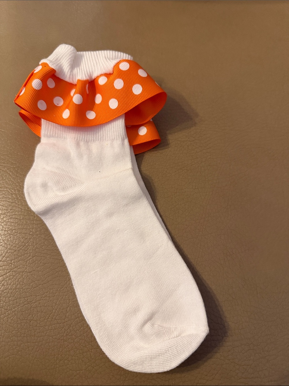 Girls White Socks with Orange Polka Dot Ruffle